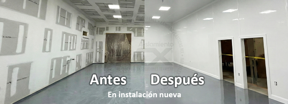 Comparativa de antes y después de la instalación de paneles Glasliner blancos brillantes en muros y techos de un área comercial con molduras y piso epóxico