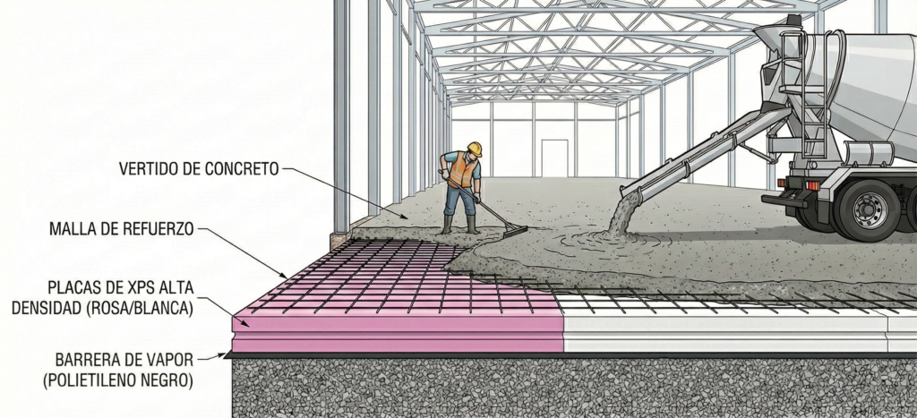Preparación de piso industrial para cámara de congelación con placas de XPS de alta densidad, barrera de vapor negra y concreto.