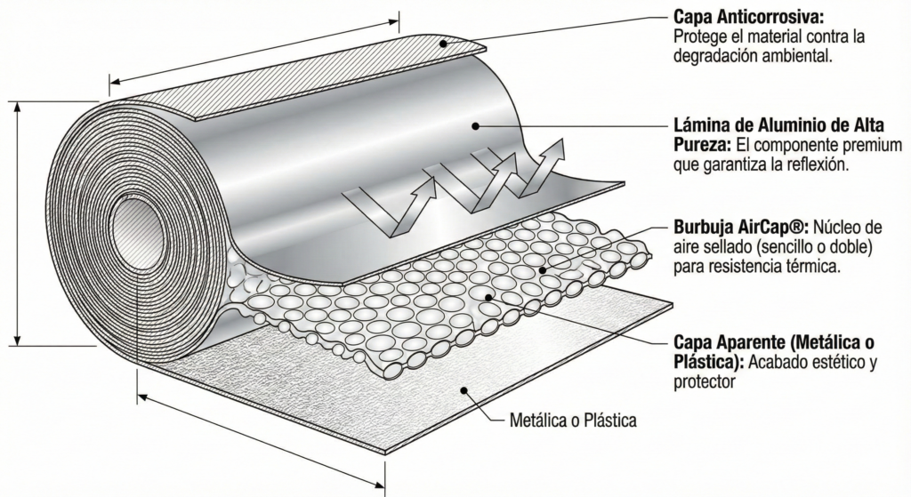 Diagrama técnico multicapa de Tempshield mostrando lámina de aluminio, núcleo de burbuja AirCap y capa anticorrosiva.