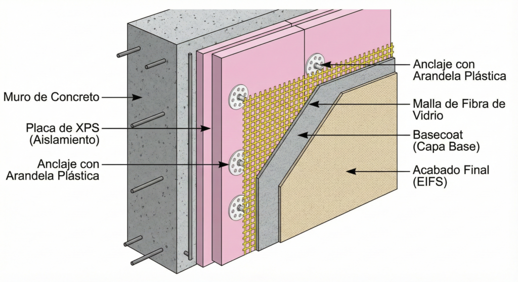 Detalle de sistema EIFS en muro de concreto con placa de XPS rosa, fijación de arandela plástica, malla de refuerzo y basecoat.