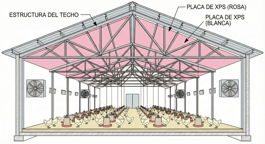Aislamiento térmico para granjas avícolas y porcinas con placas de poliestireno extruido XPS blanco instaladas en techo.