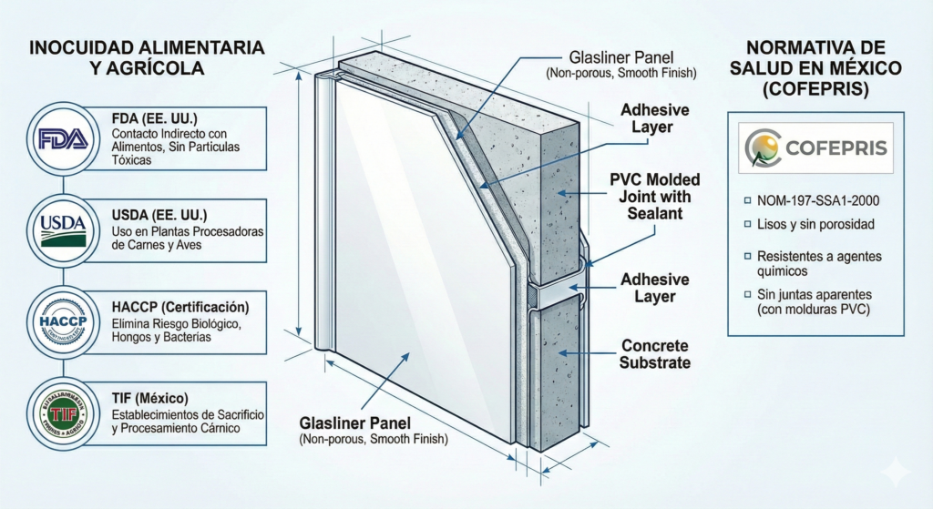 Infografía de corte técnico de panel Glasliner mostrando capas de instalación, certificaciones FDA, USDA, HACCP, TIF y cumplimiento con normativa COFEPRIS NOM-197-SSA1-2000
