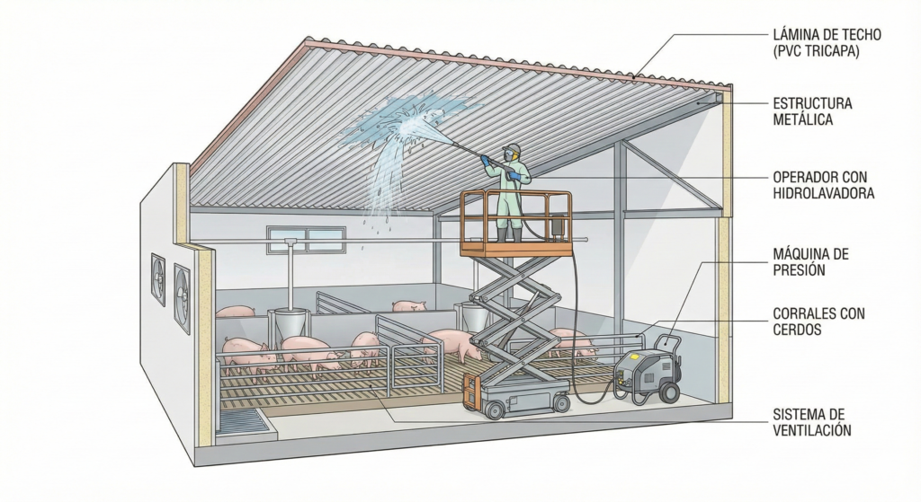 Diagrama técnico de limpieza de AgroLámina T-3 con hidrolavadora en granja porcina.