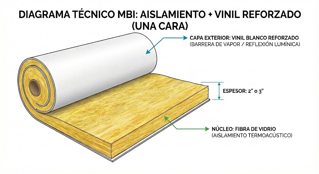 Diagrama técnico de rollo de fibra de vidrio MBI con núcleo amarillo y una sola cara de vinil reforzado blanco para naves industriales.