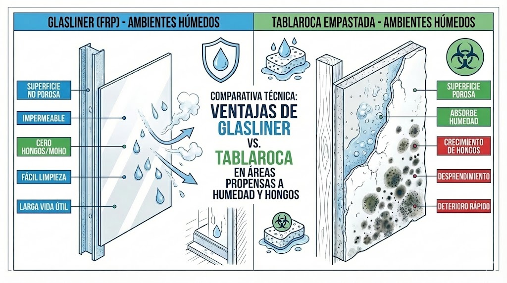 Diagrama técnico comparando Glasliner blanco brillante vs tablaroca con moho en ambiente húmedo sobre estructura metálica.