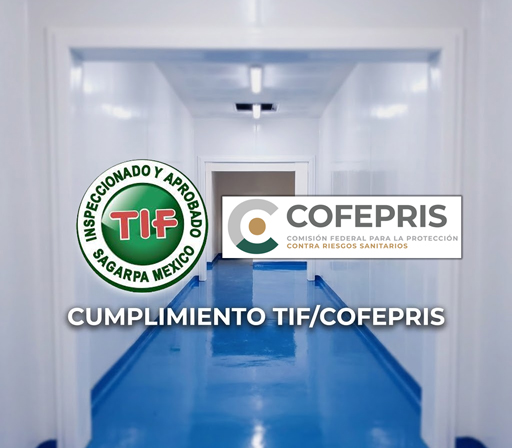 Instalaciones con cumplimiento TIF y COFEPRIS usando recubrimientos sanitarios Glasliner, molduras blancas robustas y piso epóxico azul